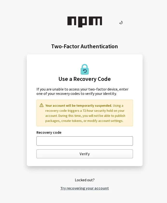 npm recovery code lockout